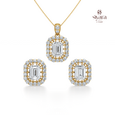 Emerald Cut and Round Cut Crystal Halo Pendant Set for Women