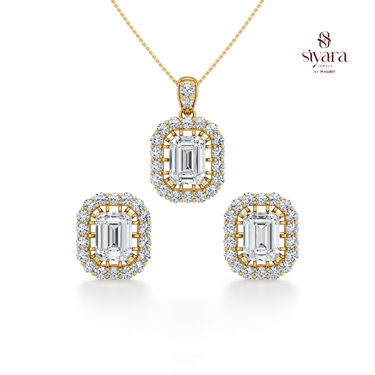 Emerald Cut and Round Cut Crystal Halo Pendant Set for Women