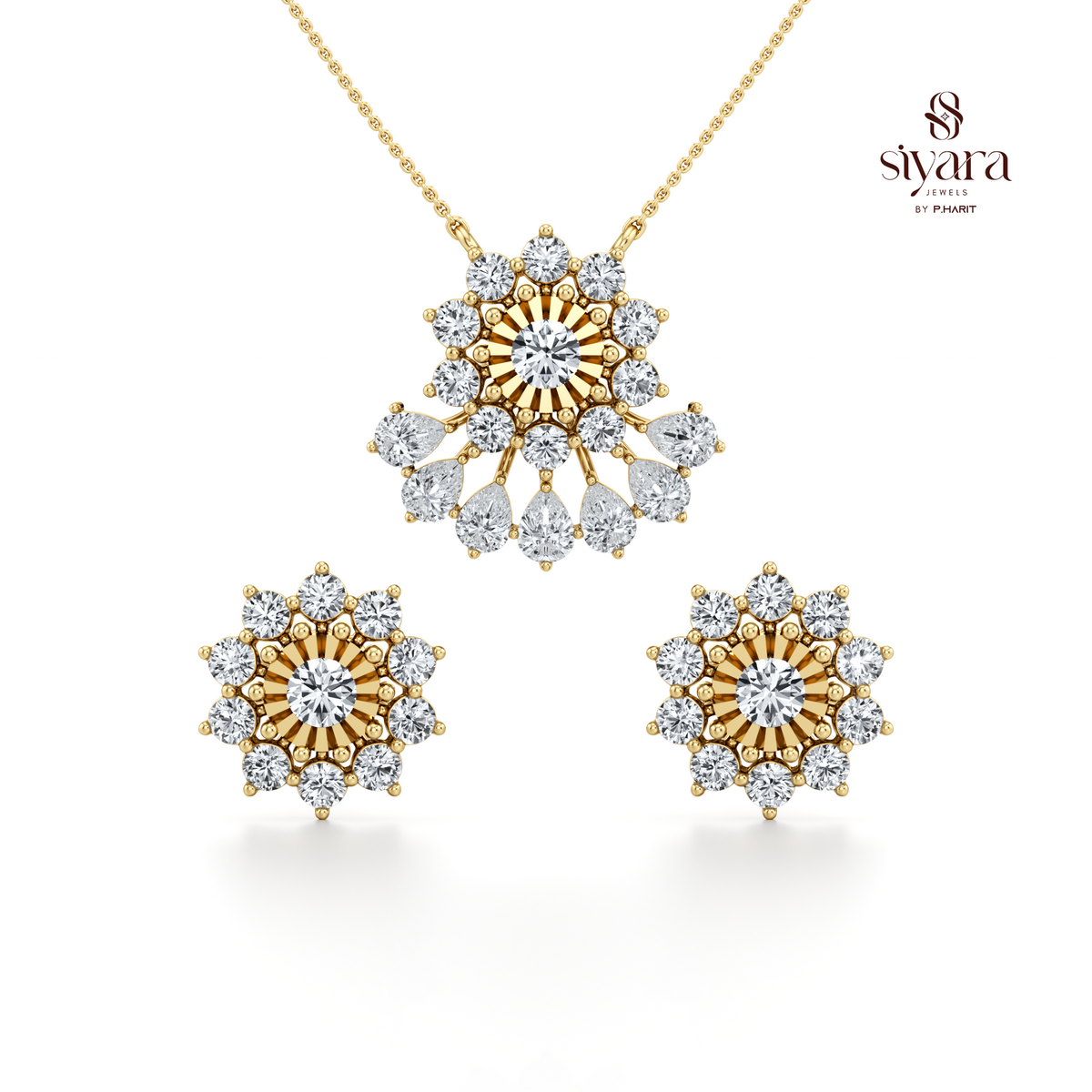 Round Cut and Pear Cut Crystal Floral Pendant Set for Women
