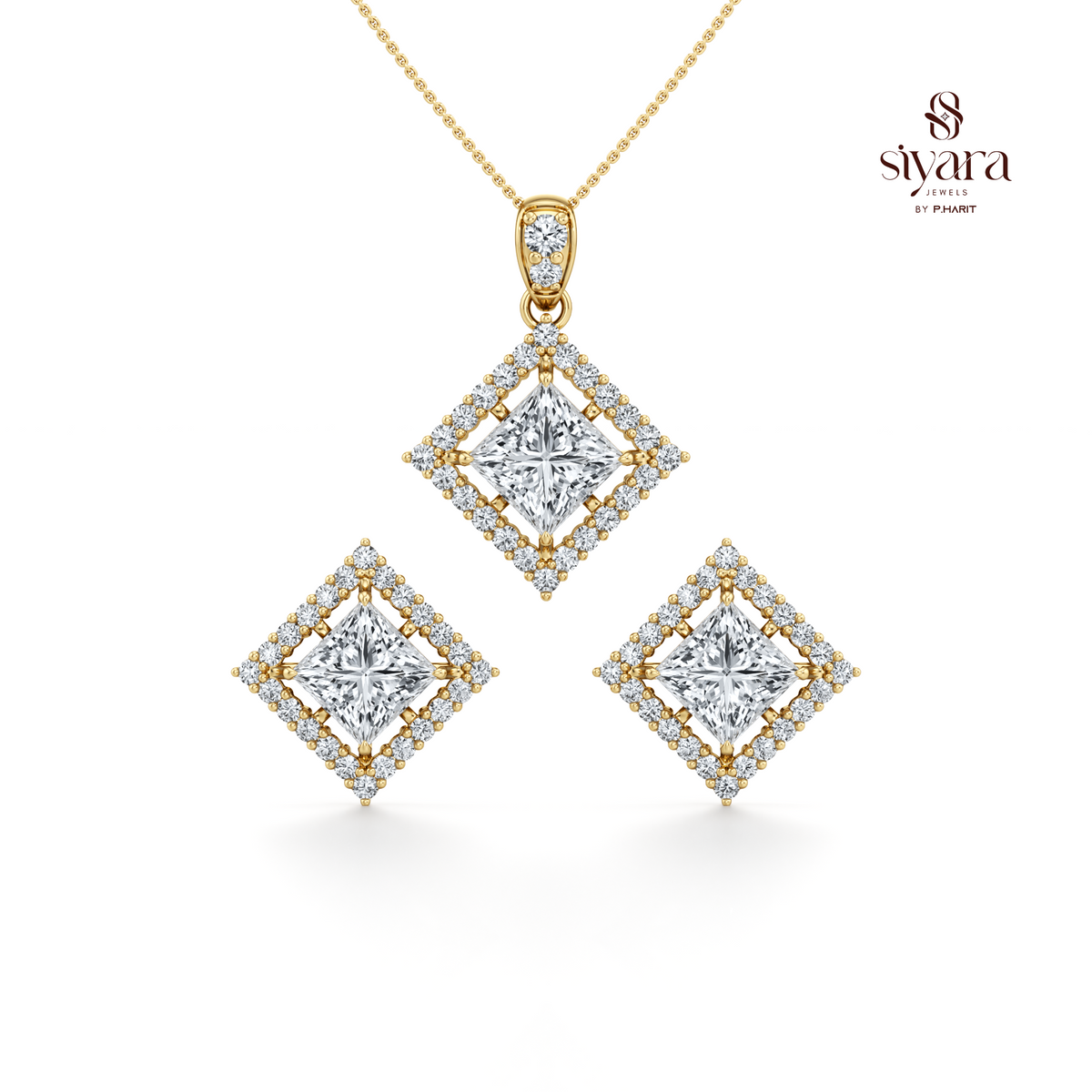 Princess Cut and Round Cut Crystal Halo Pendant Set for Women