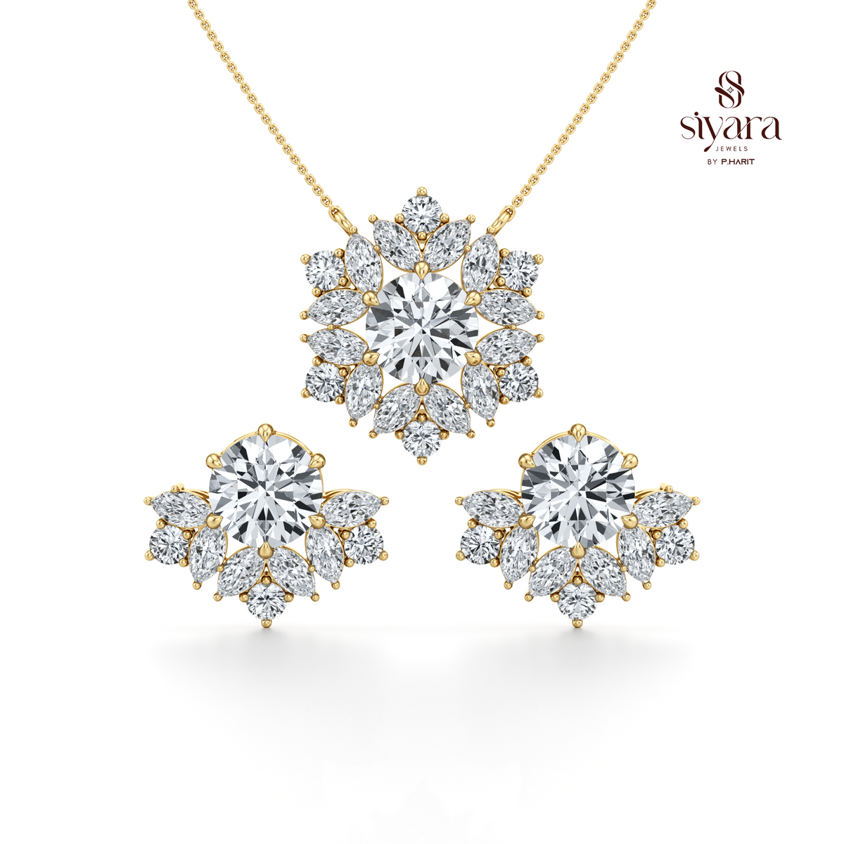Oval and Marquise Diamond Floral Pendant Set for Women