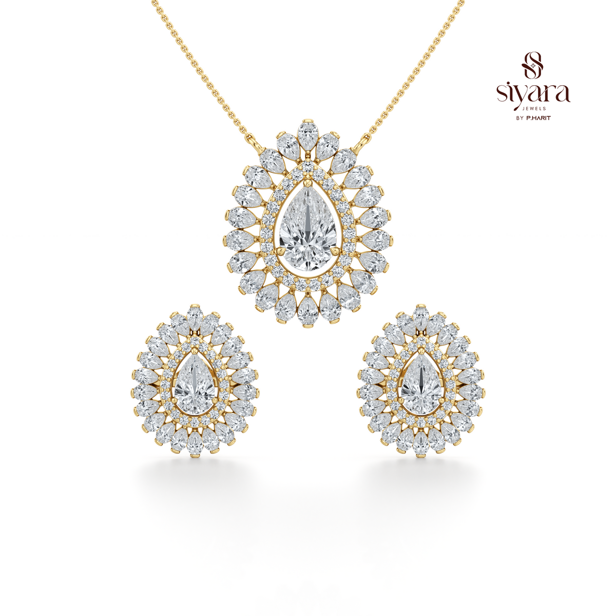 Pear and Marquise Cut Diamond Floral Pendant Set for Women