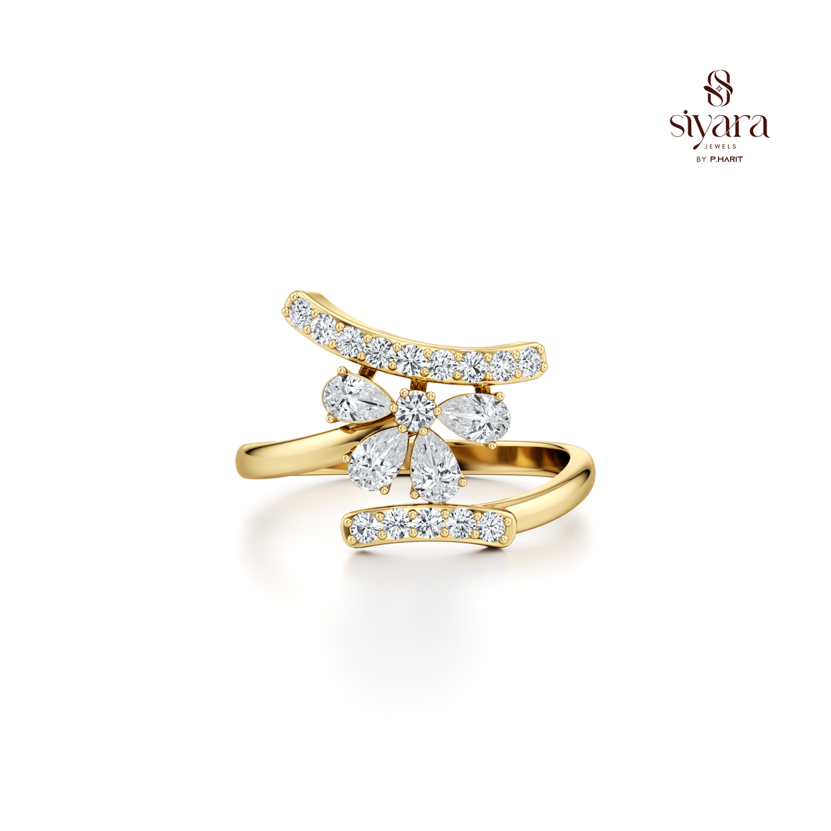 Diamond Cut Leaf and Pear Crystal Open Ring for Women