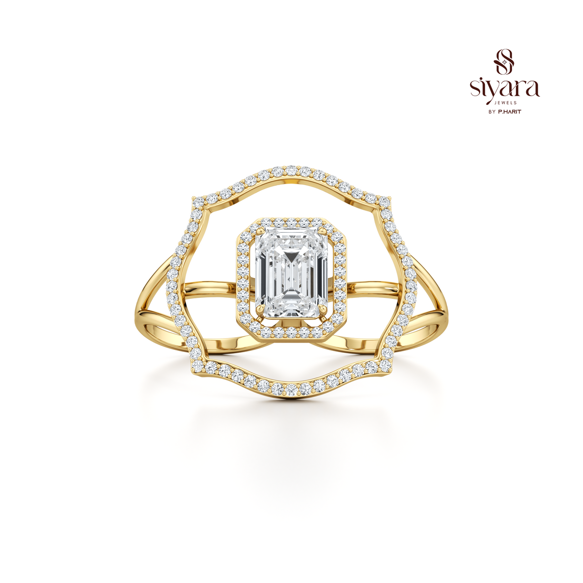 Emerald Cut and Round Cut Crystal Geometric Halo Ring for Women