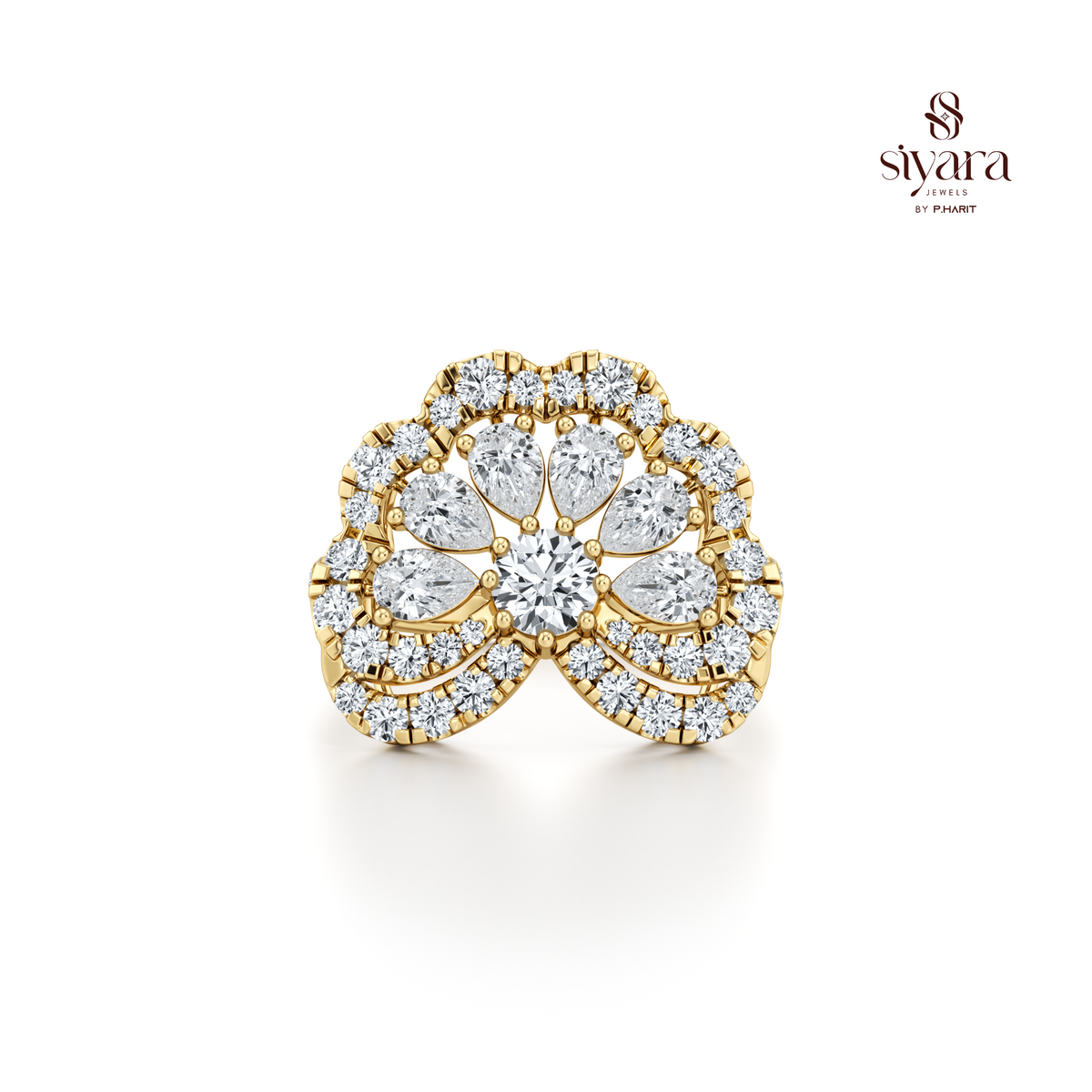 Pear Cut and Round Cut Crystal Floral Statement Ring for Women