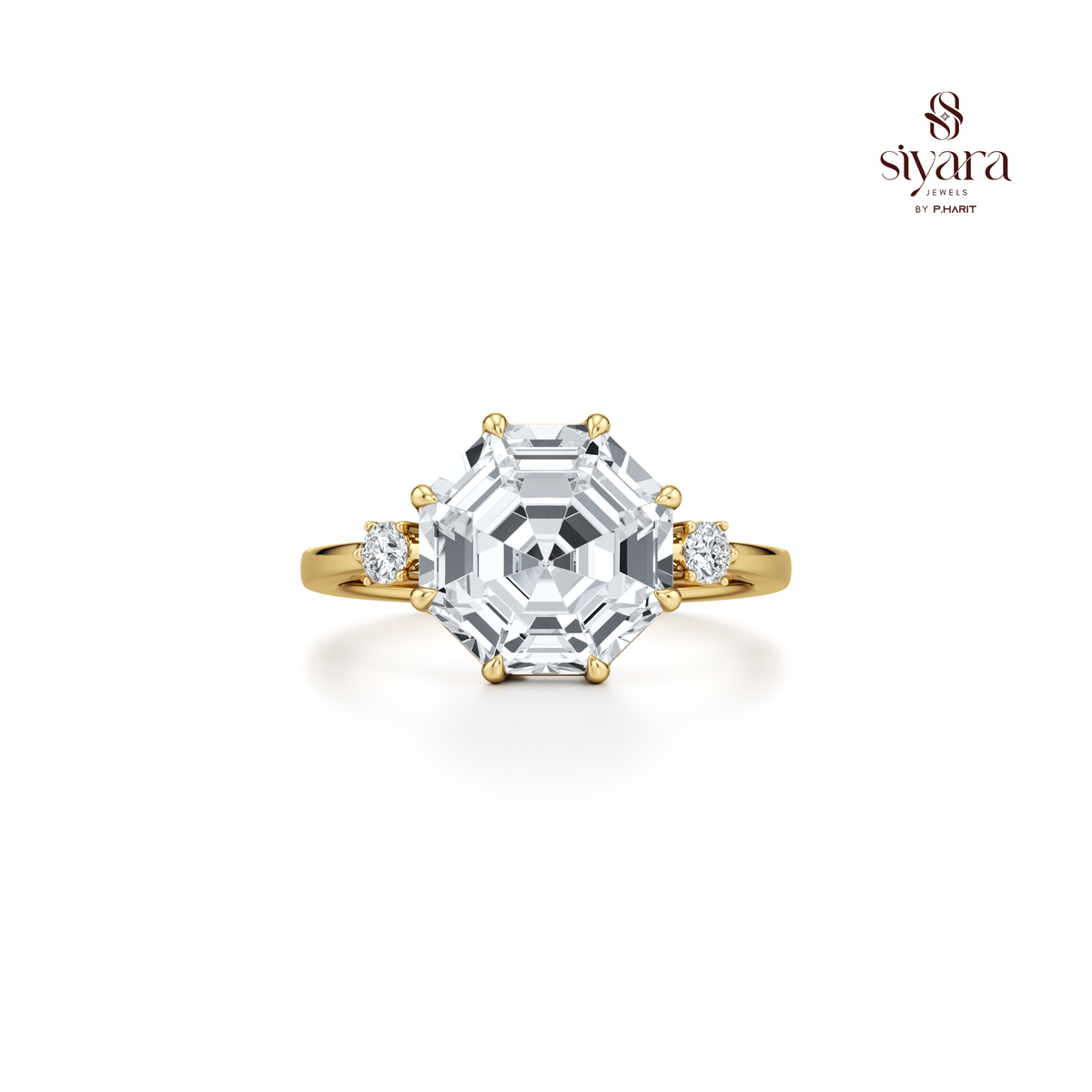 Asscher Cut Crystal Solitaire Ring with Round Cut Side Stones for Women